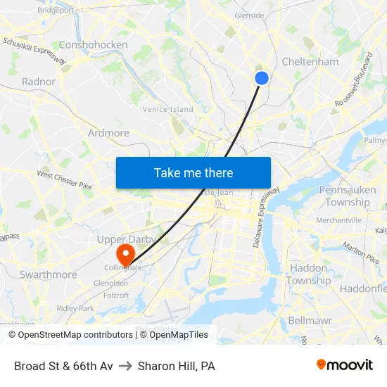 Broad St & 66th Av to Sharon Hill, PA map
