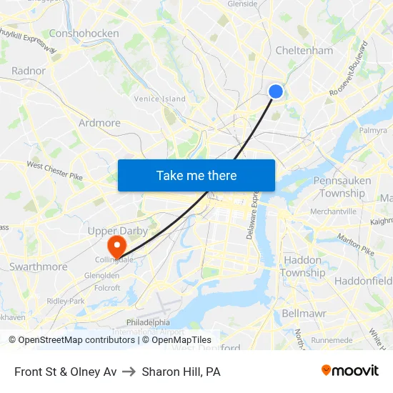 Front St & Olney Av to Sharon Hill, PA map