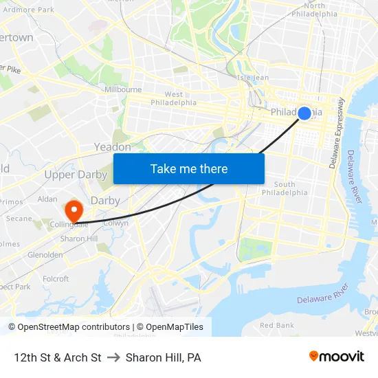 12th St & Arch St to Sharon Hill, PA map