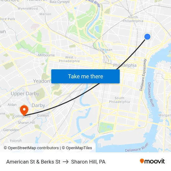 American St & Berks St to Sharon Hill, PA map