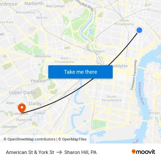 American St & York St to Sharon Hill, PA map