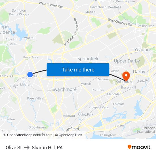 Olive St to Sharon Hill, PA map