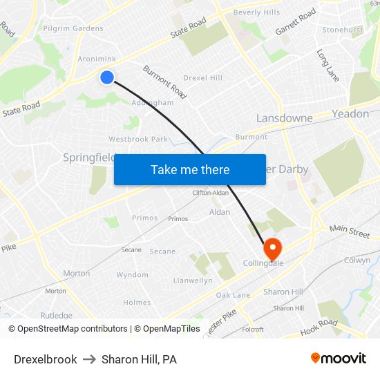 Drexelbrook to Sharon Hill, PA map