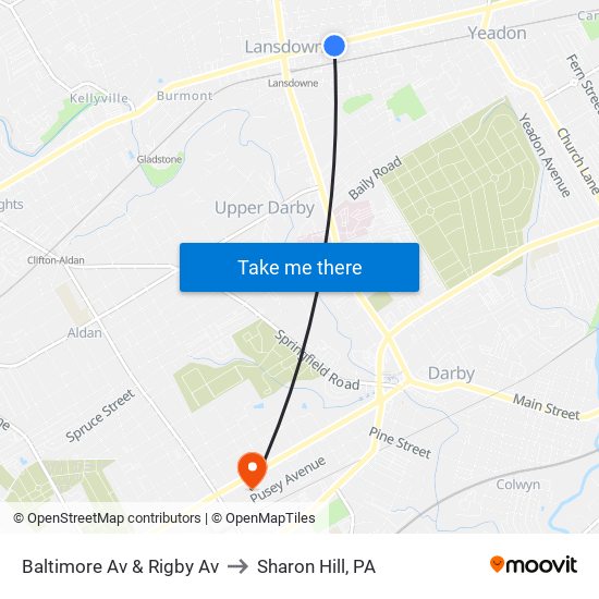 Baltimore Av & Rigby Av to Sharon Hill, PA map