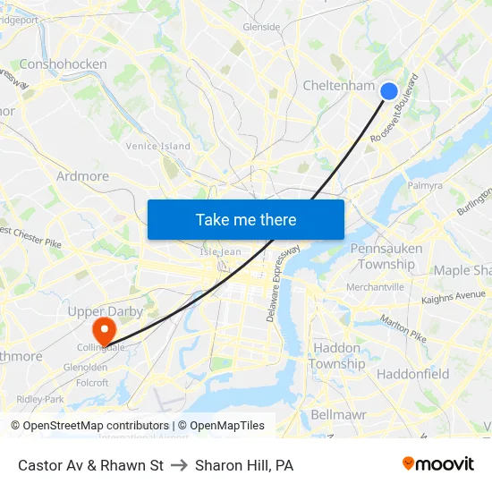 Castor Av & Rhawn St to Sharon Hill, PA map