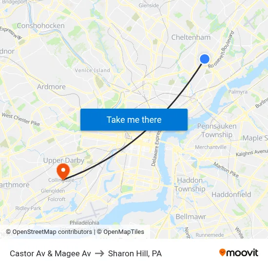 Castor Av & Magee Av to Sharon Hill, PA map