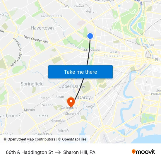 66th & Haddington St to Sharon Hill, PA map