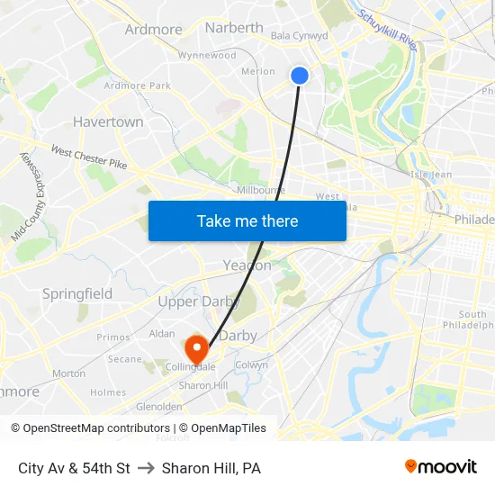 City Av & 54th St to Sharon Hill, PA map