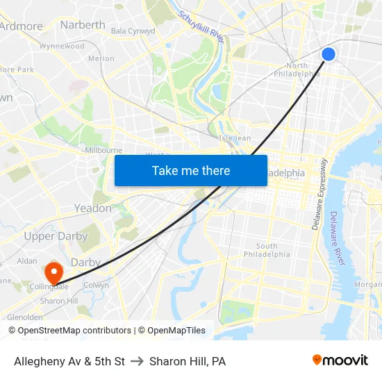 Allegheny Av & 5th St to Sharon Hill, PA map