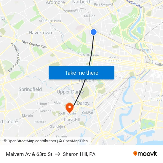 Malvern Av & 63rd St to Sharon Hill, PA map