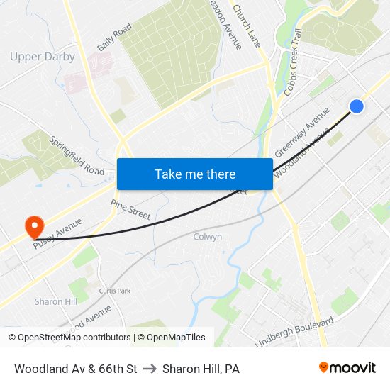 Woodland Av & 66th St to Sharon Hill, PA map