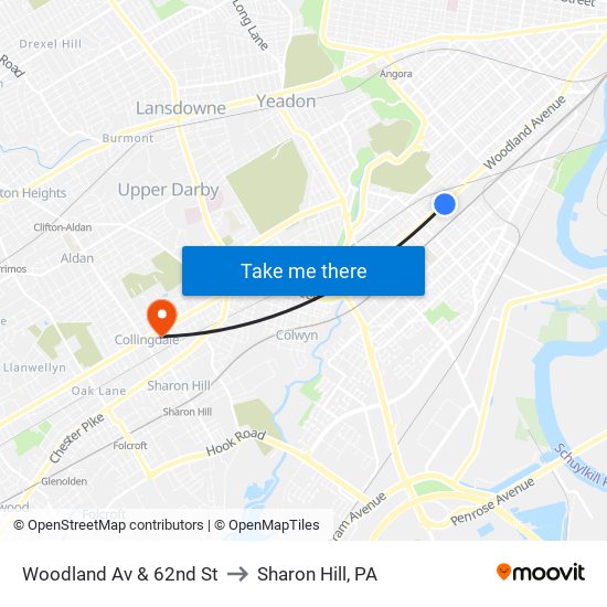Woodland Av & 62nd St to Sharon Hill, PA map