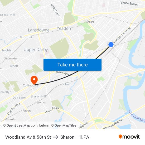 Woodland Av & 58th St to Sharon Hill, PA map