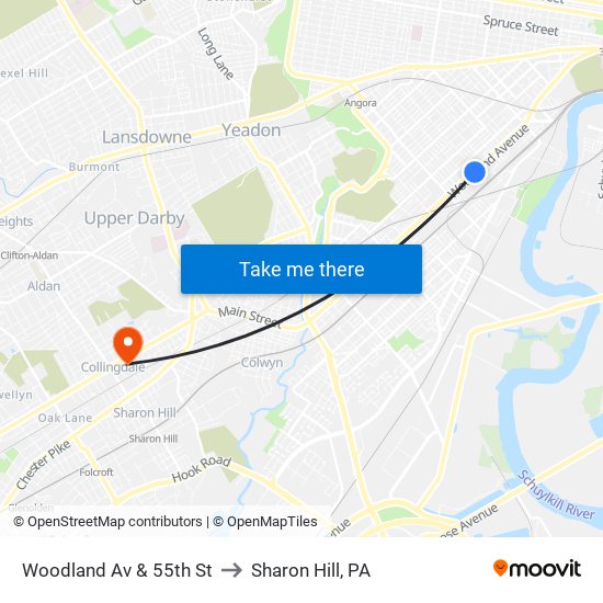 Woodland Av & 55th St to Sharon Hill, PA map