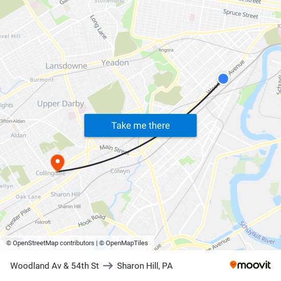 Woodland Av & 54th St to Sharon Hill, PA map