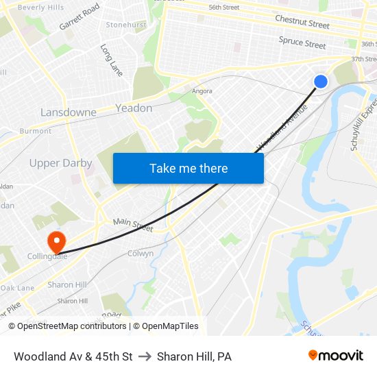 Woodland Av & 45th St to Sharon Hill, PA map