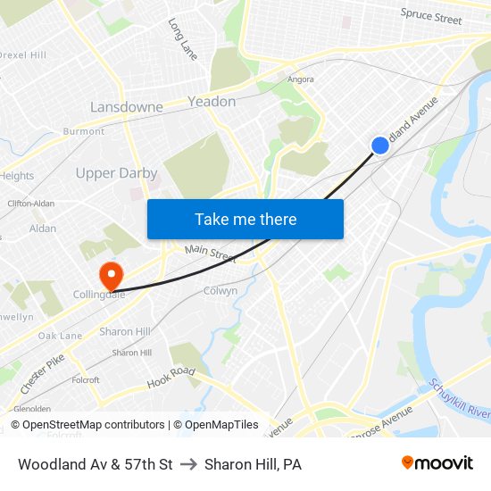 Woodland Av & 57th St to Sharon Hill, PA map