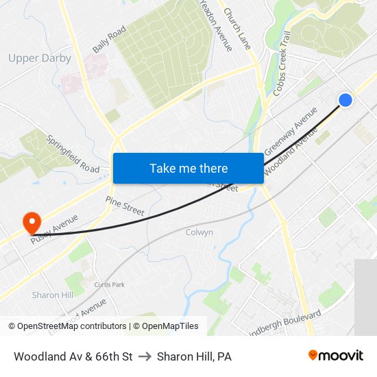 Woodland Av & 66th St to Sharon Hill, PA map