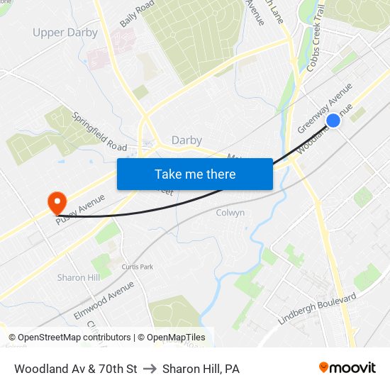 Woodland Av & 70th St to Sharon Hill, PA map