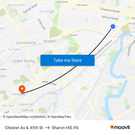 Chester Av & 45th St to Sharon Hill, PA map