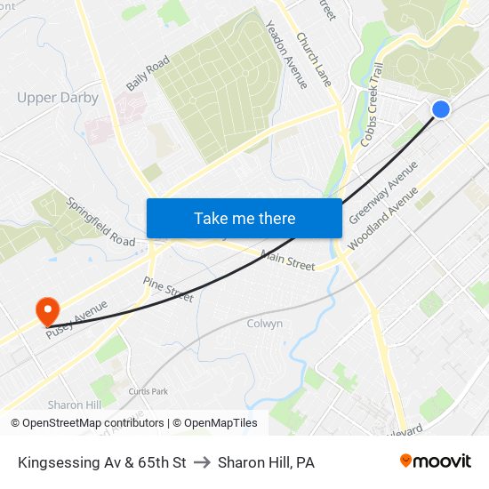 Kingsessing Av & 65th St to Sharon Hill, PA map