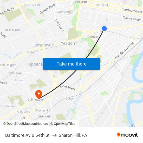 Baltimore Av & 54th St to Sharon Hill, PA map