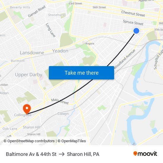 Baltimore Av & 44th St to Sharon Hill, PA map