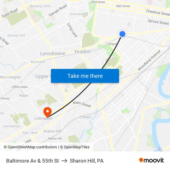 Baltimore Av & 55th St to Sharon Hill, PA map