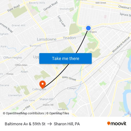 Baltimore Av & 59th St to Sharon Hill, PA map