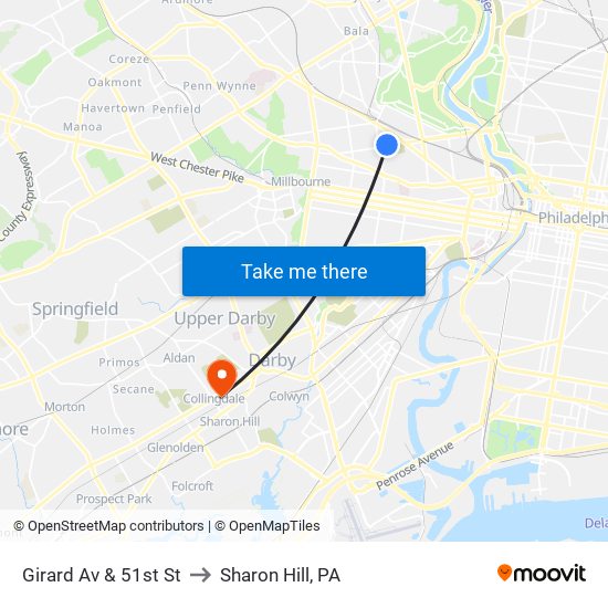 Girard Av & 51st St to Sharon Hill, PA map