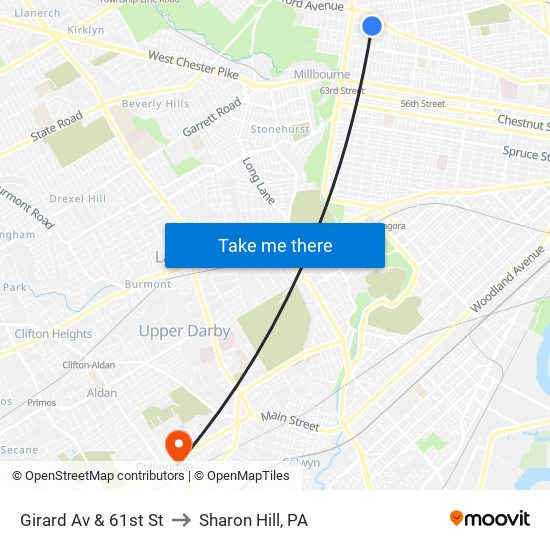 Girard Av & 61st St to Sharon Hill, PA map