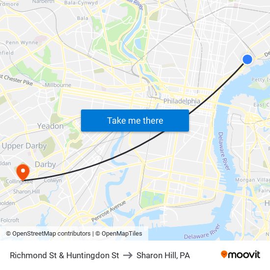 Richmond St & Huntingdon St to Sharon Hill, PA map