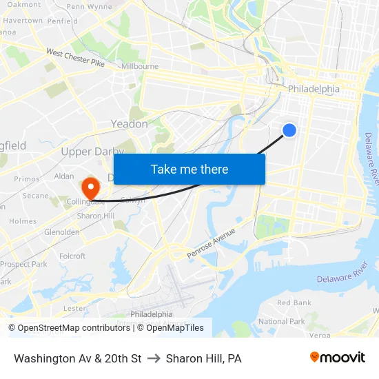 Washington Av & 20th St to Sharon Hill, PA map