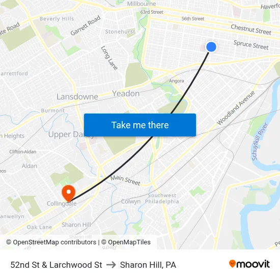 52nd St & Larchwood St to Sharon Hill, PA map