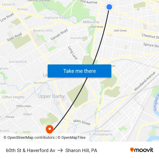 60th St & Haverford Av to Sharon Hill, PA map