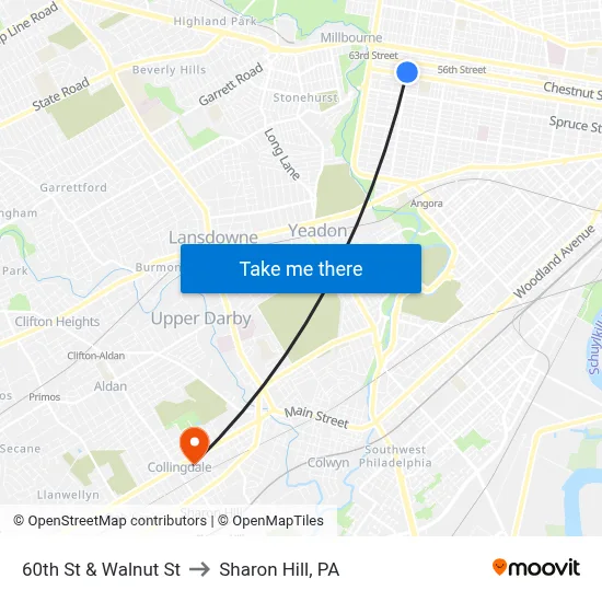60th St & Walnut St to Sharon Hill, PA map