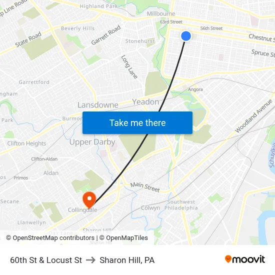 60th St & Locust St to Sharon Hill, PA map