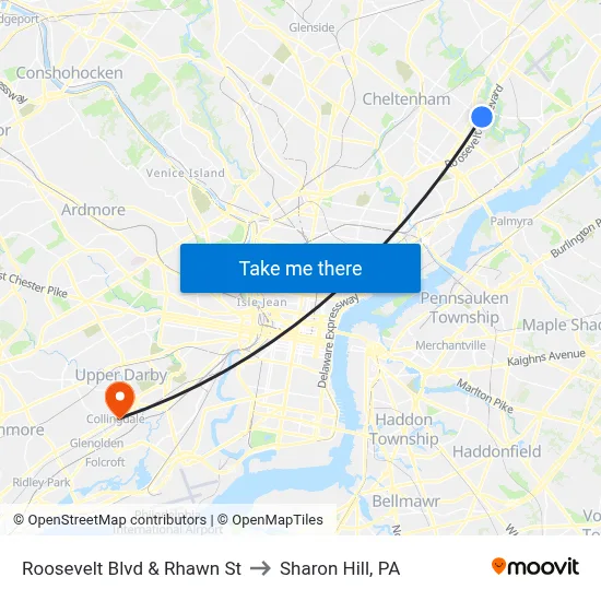 Roosevelt Blvd & Rhawn St to Sharon Hill, PA map