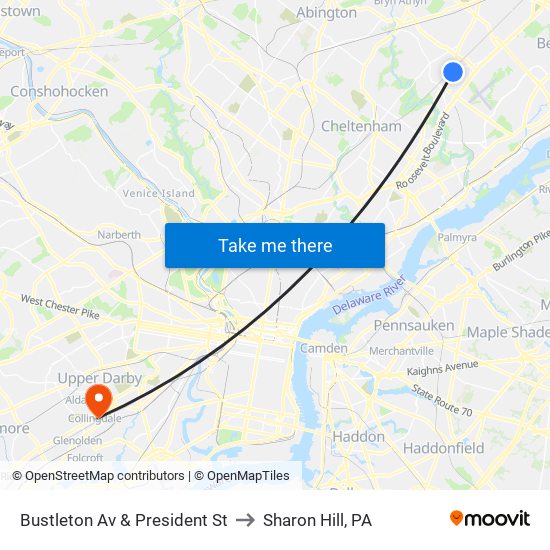 Bustleton Av & President St to Sharon Hill, PA map