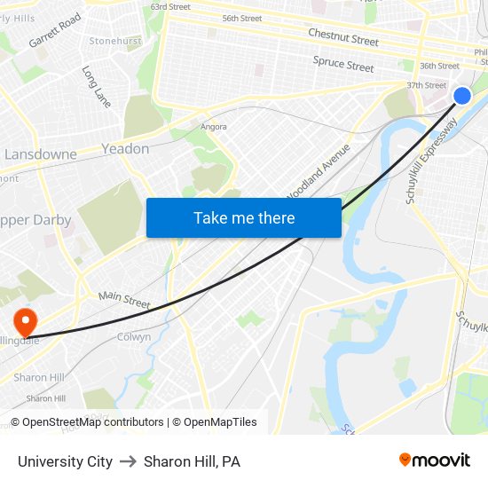 University City to Sharon Hill, PA map