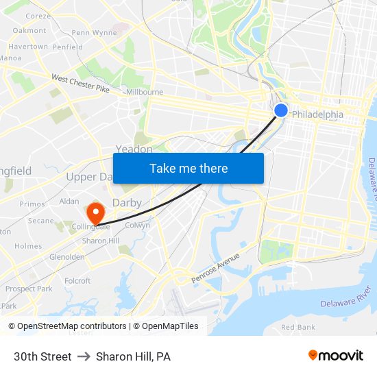 30th Street to Sharon Hill, PA map