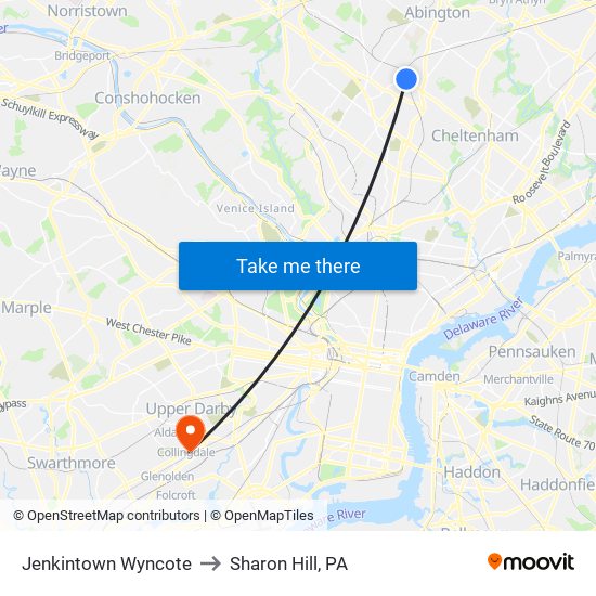 Jenkintown Wyncote to Sharon Hill, PA map