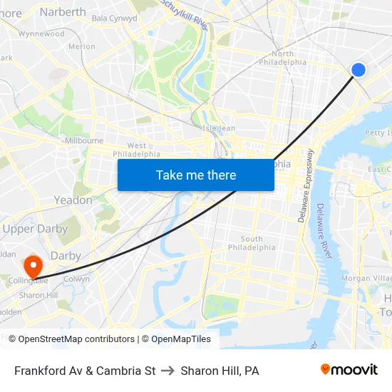 Frankford Av & Cambria St to Sharon Hill, PA map