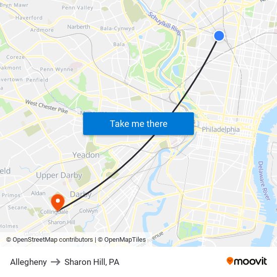 Allegheny to Sharon Hill, PA map