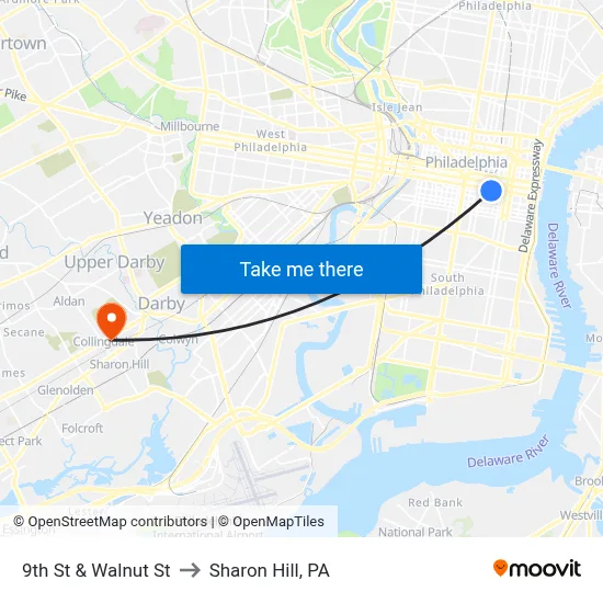 9th St & Walnut St to Sharon Hill, PA map