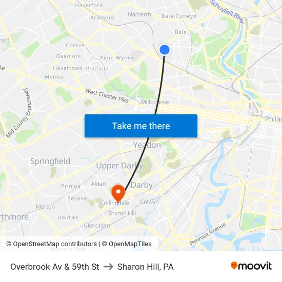 Overbrook Av & 59th St to Sharon Hill, PA map