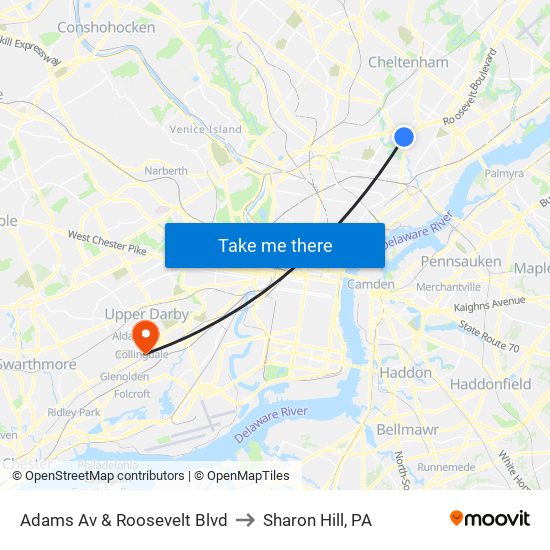 Adams Av & Roosevelt Blvd to Sharon Hill, PA map