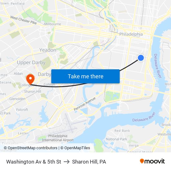 Washington Av & 5th St to Sharon Hill, PA map