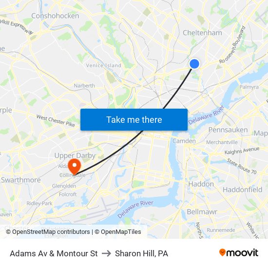 Adams Av & Montour St to Sharon Hill, PA map