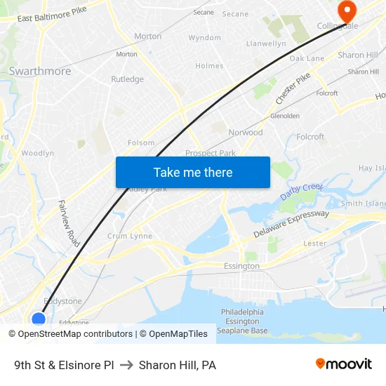 9th St & Elsinore Pl to Sharon Hill, PA map